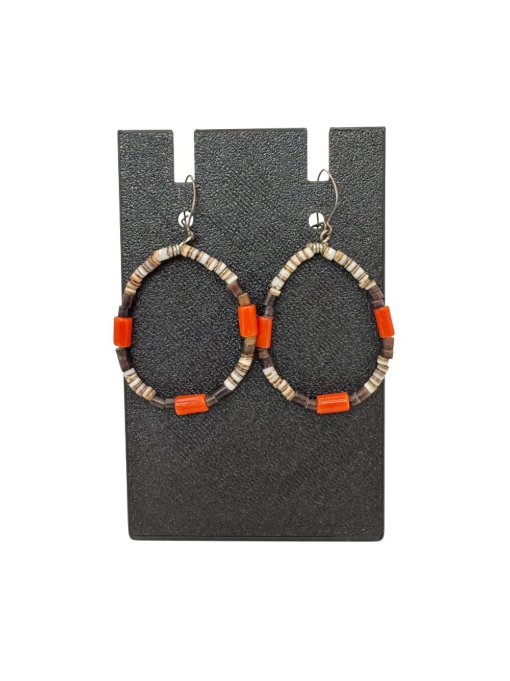 Vintage Heishi Spiny Oyster Hoop Earrings Orange & Brown Sterling Hooks 1.5"